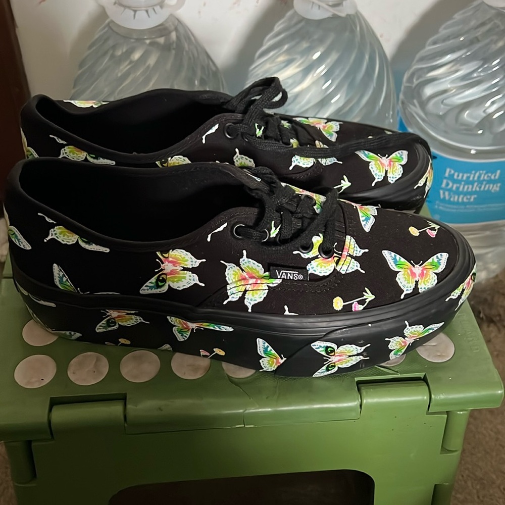 Black platform Vans with glow in the dark butterflies
